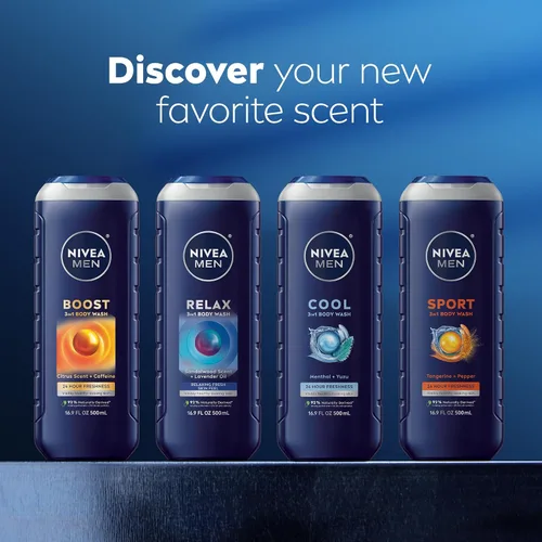 Vista 9 de NIVEA Men Sport Body Wash con minerales revitalizantes, aroma a mandarina y pimienta, gel de baño 3 en 1 para hombre, cara y cabello, sin parabenos