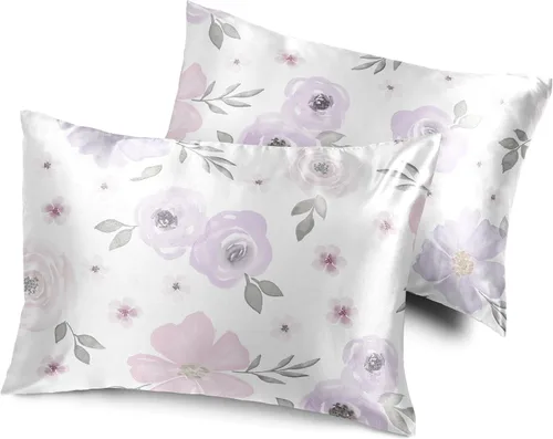 Vista 15 de Sweet Jojo Designs Juego de 2 fundas de almohada de satén (floral bohemio gris) para niñas, cabello y piel, suaves, sedosas, brillantes