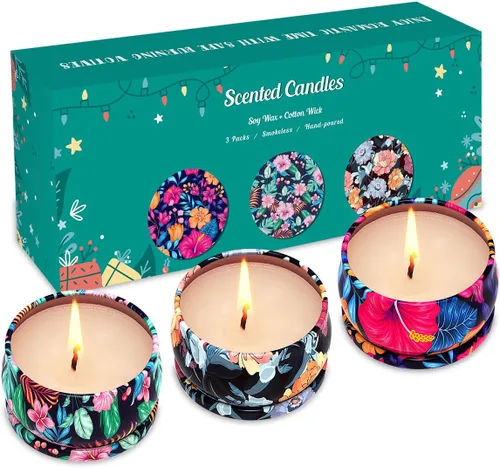 Vista 14 de Paquete de 3 velas decorativas pequeñas perfumadas, aroma fuerte de bergamota y vainilla y bayas negras de San Diego, velas de soja, no tóxicas
