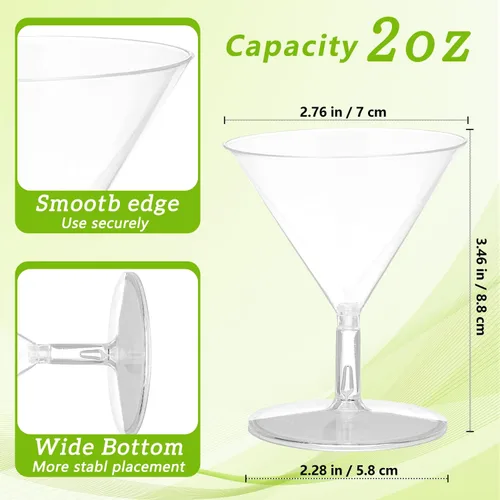 Vista 2 de Paquete de 100 vasos de Martini de plástico transparente de 2 onzas, vasos de cóctel desechables, mini tazas de postre, vasos de chupito