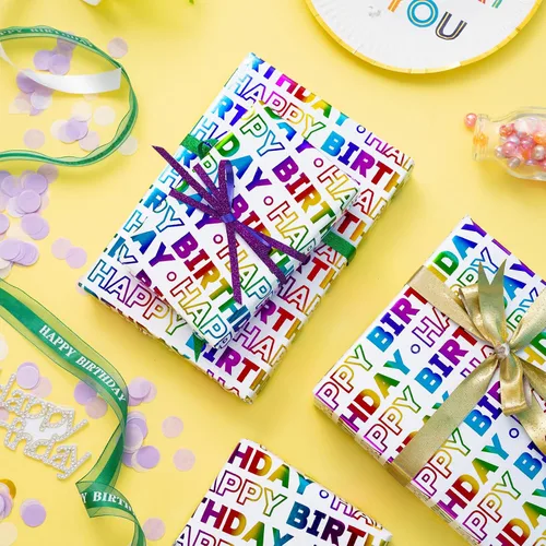 Vista 7 de LeZakaa Rollo de papel de regalo de cumpleaños, letras de feliz cumpleaños, diseño holográfico colorido para baby shower, envoltura de regalo