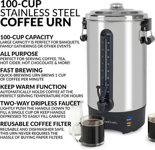 Vista 3 de Homecraft Urna de café de 100 tazas y dispensador de bebidas calientes con grifo antigoteo, preparación rápida, urna de café de acero inoxidable