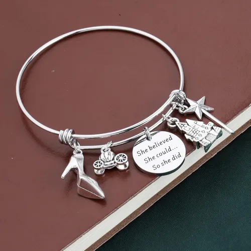 Vista 5 de PLITI Pulsera ajustable de acero inoxidable con texto en inglés "She Believed She Could So She Did", regalo para fanáticos de hadas