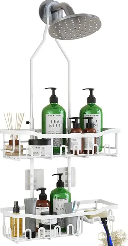 Vista 7 de Organizador de ducha mejorado de longitud extendida con ganchos, soporte para champú y jabón resistente a la oxidación, organizador de baño grande