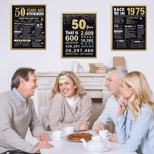 Vista 7 de Regalos de cumpleaños número 50 para hombres, decoraciones de cumpleaños de 1975, 3 piezas de 11 x 14 pulgadas, carteles de "Back in 1975" Hace 50