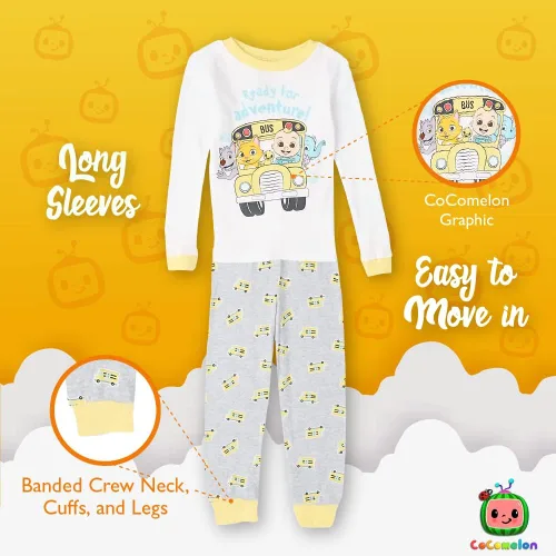 Vista 4 de CoComelon Conjunto de pijama de algodón ajustado de 4 piezas para niños, suave y lindo para niños