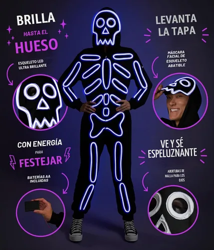 Vista 3 de Tipsy Elves Vestido ajustado de manga larga con esqueleto de Halloween para mujer Luz LED