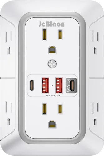 Vista 8 de JcBlaon Extensor de Enchufe Protector de Sobretensiones - Divisor de 6 Salidas con 4 Puertos USB (2 USB C), Expansor de Enchufes Múltiples Cargador