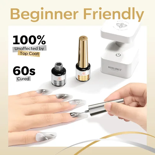 Vista 8 de modelones Esmalte de Uñas en Gel Metálico Dorado Plateado 2 Piezas Espejo Cromado Efecto 3D Esmalte de Arte de Uñas Bronce Pincel Fino Para