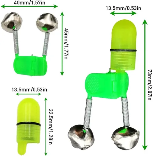 Vista 3 de Campanas de pesca Clips con luz LED Night Sea Fishing Rod Clip de luz LED con campanas gemelas anillo indicador de alarma de mordedura de pesca