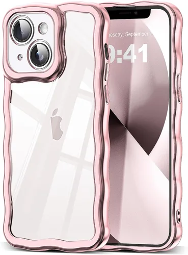 Vista 54 de SKYLMW Funda compatible con iPhone 12 Pro, diseño de ondas rizadas kawaii, borde chapado de lujo, elegante parte trasera transparente brillante, TPU