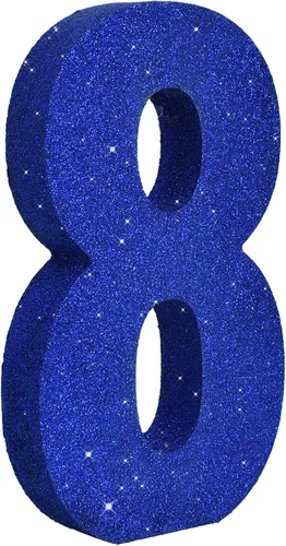 Vista 10 de TONIFUL Centro de mesa de madera número 0 con purpurina azul de 7.8 pulgadas, decoración de fiesta de cumpleaños azul, dígito 0 para cumpleaños