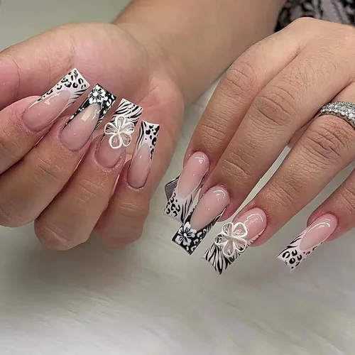 Vista 29 de MISUD Uñas a presión – Uñas cuadradas largas con pegamento rosa y negro, acrílico Y2K diseño de dijes de 24 piezas