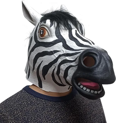 Vista 2 de Máscara de cabeza de cebra de látex, disfraz de caballo de selva para adultos, accesorios de fiesta