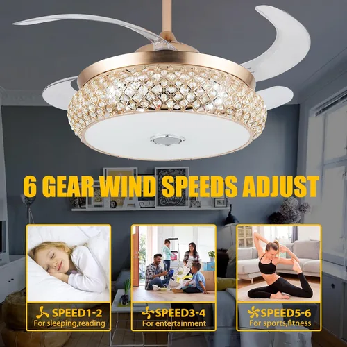 Vista 6 de WWahuayuan Ventilador de techo invisible retráctil de 42 pulgadas con luz y altavoz Bluetooth, candelabro ventilador Bluetooth moderno con control