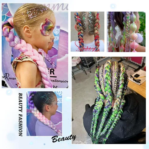 Vista 5 de Cabello trenzado verde con lentejuelas de 26 pulgadas, preestirado, trenzas de textura Yaki, extensiones de cabello pre plumadas, 3 paquetes, fácil