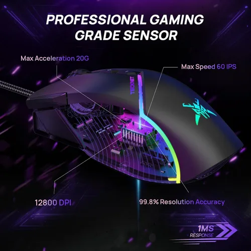 Vista 5 de TECKNET Ratón para juegos con cable, 12,800 DPI con sensor óptico, 8 botones programables, 13 modos retroiluminados RGB, diseño ergonómico, ratones