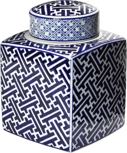 Vista 7 de Creative Co-Op - Tarro decorativo cuadrado de cerámica de jengibre con tapa para espacios pequeños, azul y blanco