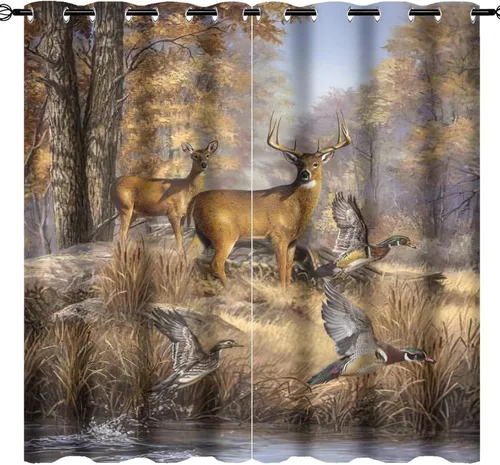 Vista 62 de Cortinas opacas rústicas de cabaña con osos y ciervos - Juego de cortinas de ventana con ojales de temática de granja abstracta, caza, animal