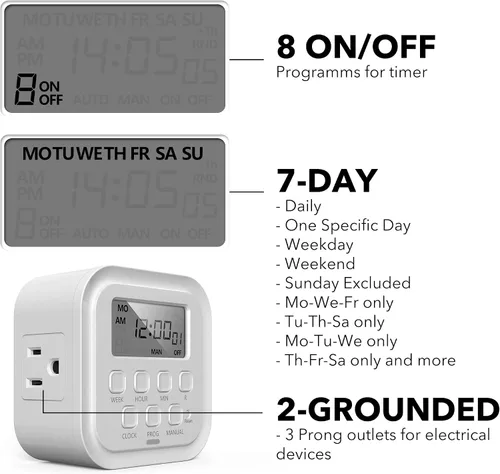 Vista 5 de HBN Temporizador digital resistente de 7 días, doble salida, programas de encendido/apagado. Temporizador programable de 3 puntas, para interiores