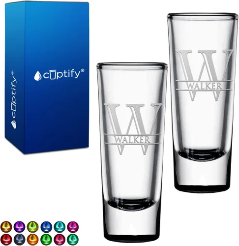 Vista 46 de Vaso de chupito personalizado con fondo negro personalizado de 2 oz, vasos de chupito cordiales con inicial y nombre en script dividido