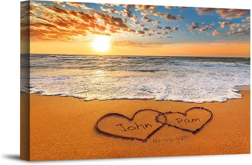 Vista 21 de Corazón y corazón en hermoso amanecer fotos personalizadas únicas o impresiones en lienzo con nombres de pareja y fecha especial en la playa, regalo