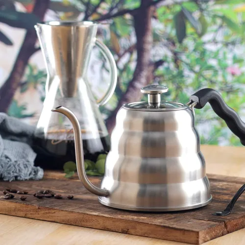 Vista 2 de Blue Brew Estufa de cuello de cisne, tetera con termómetro, cafetera de 40 onzas para café y té, hervidor de café de acero inoxidable, compatible
