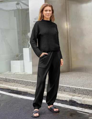 Vista 2 de GTLIAE Conjunto de dos piezas para mujer, suéter de manga larga, suéter de punto, pantalón suelto, conjunto de ropa de descanso