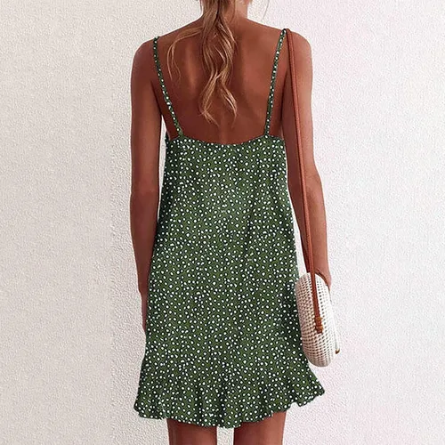 Vista 3 de Vestidos de tirantes para mujer, 2023, primavera, verano, casual, cuello en V, vestido de playa con dobladillo fruncido y volantes