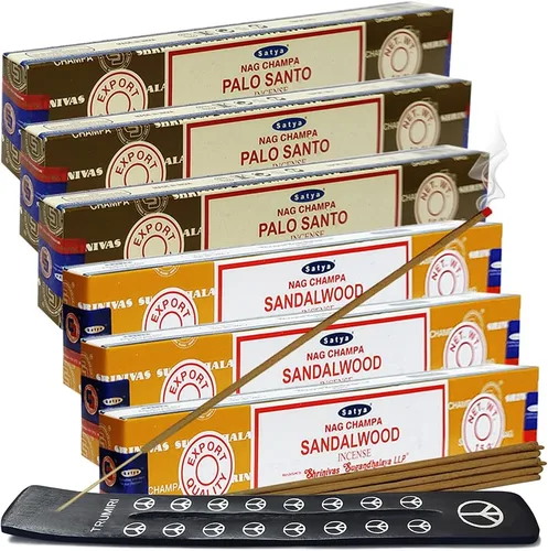 Vista 12 de Varillas de incienso de Sangre de Dragón y Palo Santo con soporte, paquete de variedad de la marca House of Nag Champa y Trumiri