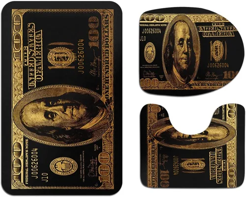 Vista 3 de GUBIYU Juego de alfombras de baño de 100 dólares, color negro y dorado, juego de alfombras de baño con dinero, tapete de baño antideslizante