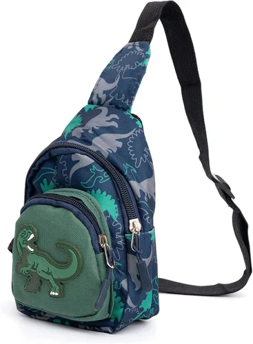 Vista 2 de Bolso bandolera para niños pequeños de dibujos animados de dinosaurios, bolso de hombro, monedero, mochila de cintura de nailon para niños de 1 a 5