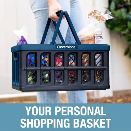Vista 4 de CleverMade Cestas de compras ecológicas plegables de 24L y 30L (paquete de 3) Bolsas reutilizables de plástico y lona