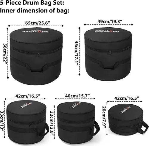 Vista 5 de Juego de 5 bolsas acolchadas para batería de 10mm (0.394") para Tom de 12", Tom de 13", Caja de 14", Tom de piso de 16", Bombo de 22" - Fundas