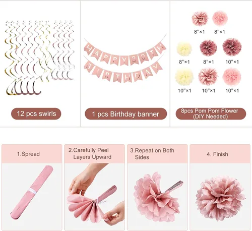 Vista 6 de Decoraciones de fiesta de oro rosa, pancarta de feliz cumpleaños 30 con purpurina de oro rosa, pompones, kit de espirales colgantes brillantes