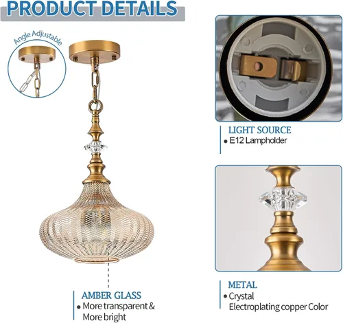 Vista 4 de Lámpara colgante de 3 luces, candelabro vintage dorado de granja para cocina, lámpara de techo colgante ajustable de vidrio ámbar para pasillo