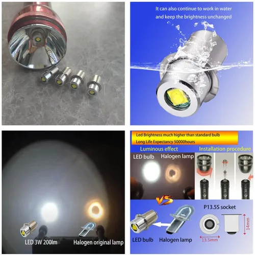 Vista 5 de Bombilla LED de repuesto para linterna 4CD, 4 celdas, 6-24 voltios, 18 voltios, 19.2 voltios, kit de conversión, linternas, bombilla, P13.5S PR2 3W