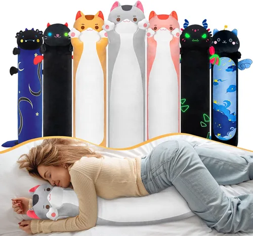 Vista 8 de Almohada larga de felpa negra ultra suave diseñada por artistas de Mewaii, con relleno extra para mayor comodidad, peluche de animal de alta