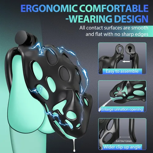 Vista 6 de Jaula de Castidad Masculina con Descarga Eléctrica de Juguete Sexual, Dispositivos de Castidad Jaula para Pene con 7 Vibraciones 7 Intensidades