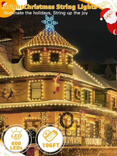 Vista 2 de BrightChristmas Luces de Navidad de 600 LED de 196 pies, tira de luces impermeables para exteriores con control remoto y temporizador, luces