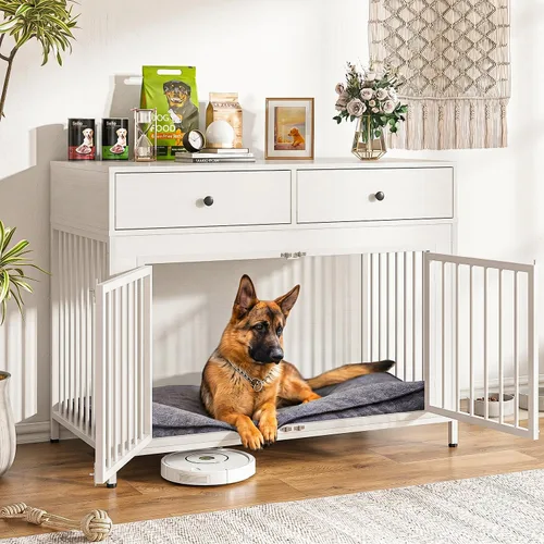 Vista 13 de LEMBERI Mueble de jaula para perros grande de 44 pulgadas, mesa auxiliar de madera para perros con cajones de almacenamiento, jaula decorativa