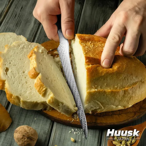 Vista 4 de Cuchillo de pan dentado Huusk de 8", cuchillo de pan de masa madre inoxidable con mango y funda de resina para cortar pan casero, cuchillos de pan