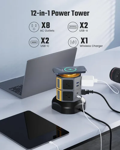 Vista 4 de SUPERDANNY Torre de regleta con cargador inalámbrico de 15 W, cable de extensión retráctil de 6.5 pies, protector de sobretensiones 1050J, estación