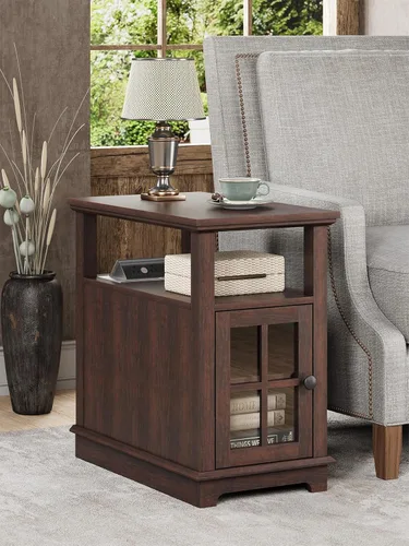 Vista 6 de HIFYOBRO Mesa auxiliar estrecha con estación de carga, diseño abatible, puertos y tomas de corriente tipo C y USB, estante ajustable para Marrón