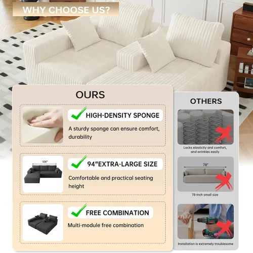Vista 9 de 94" Cloud Sectional Couches for Living Room, Modular Sectional Sofa with Deep Seat,No Assembly Required with Throw Pillows,Flannel Fabric, for
