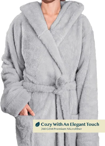 Vista 3 de PAVILIA Bata suave de felpa con capucha para mujer Bata de baño mullida y cálida de forro polar Sherpa