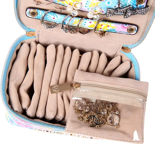 Vista 6 de Angelina's Palace Estuche organizador de joyas, regalos de dama de honor, bolsa de viaje, caja de cuero vegano para collar, aretes, pulsera, anillo