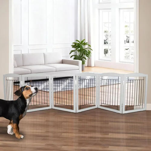 Vista 28 de ZJSF Puerta plegable independiente para perros para casa, puerta de madera extra ancha para cachorros, escaleras, puertas para mascotas, valla alta