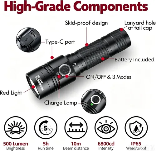 Vista 2 de Linterna LED roja de alta potencia recargable, 300 yardas linterna roja IP65 impermeable luz roja antorcha para observación nocturna, camping