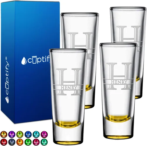 Vista 35 de Vaso de chupito personalizado con fondo negro personalizado de 2 oz, vasos de chupito cordiales con inicial y nombre en script dividido